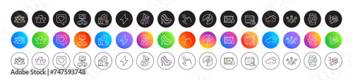Correct answer, Delivery and Upload photo line icons. Round icon gradient buttons. Pack of Love heart, Shoes, Group icon. Charging station, Heart, Food delivery pictogram. Vector