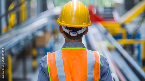 Um trabalhador em um grande galpão industrial utilizando capacete de segurança e colete em close com equipamentos ao fundo photo