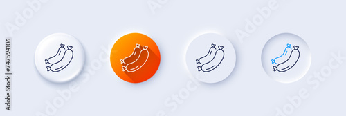 Sausage line icon. Neumorphic, Orange gradient, 3d pin buttons. Barbecue food sign. symbol. Line icons. Neumorphic buttons with outline signs. Vector