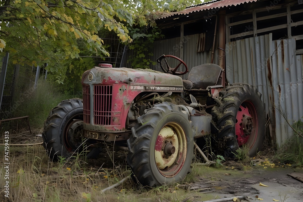 old dusty broken down red tractor next to a dilapidated barn old dusty broken down red tractor next to a dilapidated barn