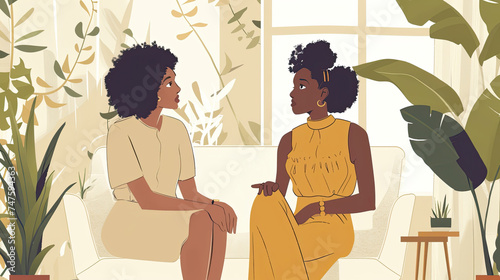 Two women are comfortably seated on a white couch  chatting and relaxing in a cozy indoor setting