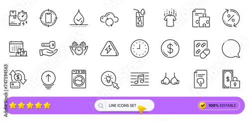 Capsule pill, Thumb down and Waterproof line icons for web app. Pack of Strategy, Bra, Swipe up pictogram icons. Dollar money, Private payment, Smartphone target signs. Safe time. Search bar. Vector