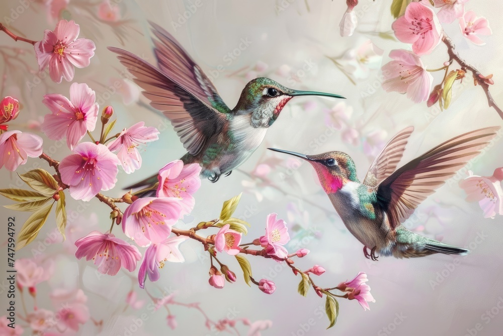 Fototapeta premium two cute and colourful humming birds with flowers Generative AI