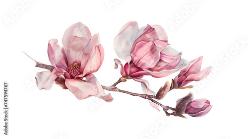 Watercolor Beautiful pink magnolia flower tree branch isolated on white background with full depth of field. Magnolia illustration  spring flower branch