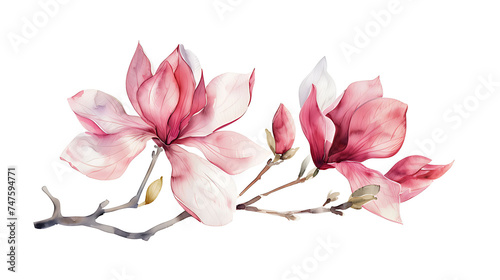 Watercolor Beautiful pink magnolia flower tree branch isolated on white background with full depth of field. Magnolia illustration, spring flower branch