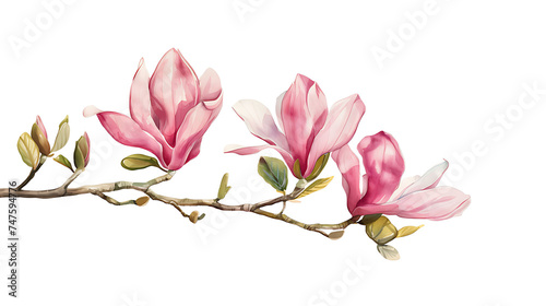 Watercolor Beautiful pink magnolia flower tree branch isolated on white background with full depth of field. Magnolia illustration, spring flower branch © Chelebi
