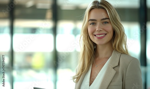 Young beautiful blond caucasian business woman or CEO executive manageer standing in light office with glass walls holding tablet and smiling at camera photo