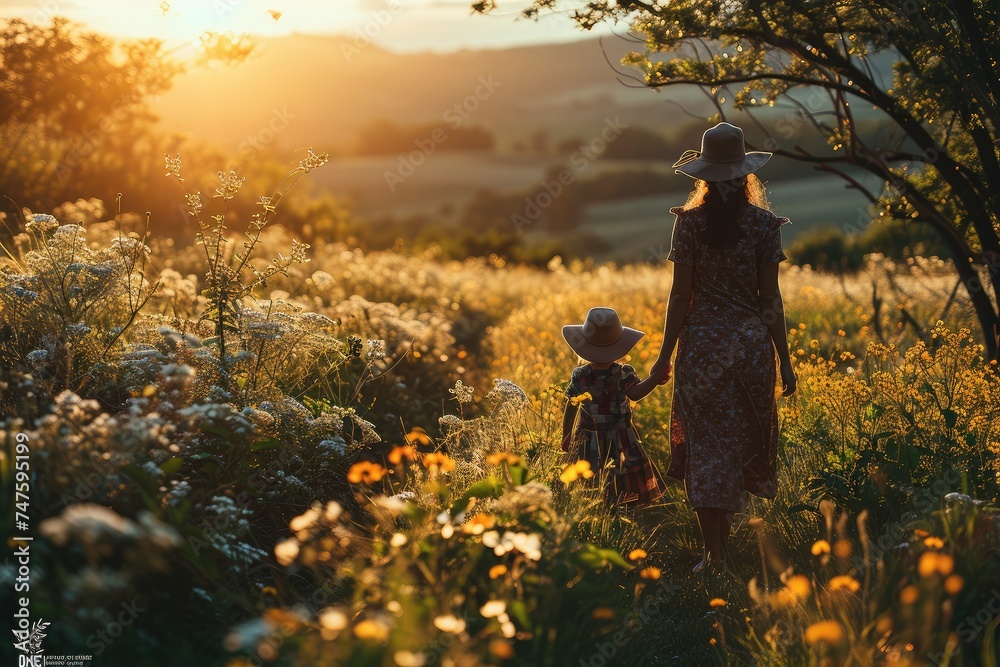A woman and child stroll through a flowerfilled meadow at sunset - obrazy, fototapety, plakaty 
