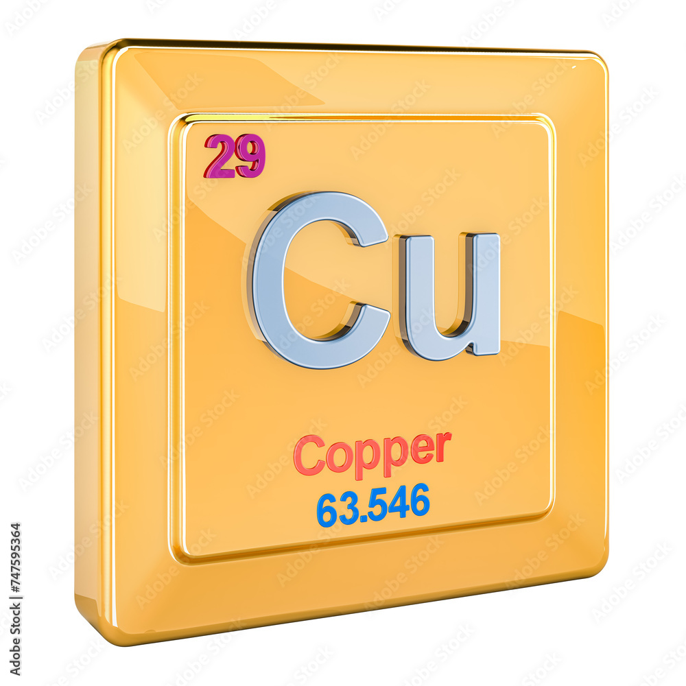 Copper Cu, chemical element sign with number 29 in periodic table. 3D rendering isolated on transparent background Copper Cu, chemical element sign with number 29 in periodic table. 3D rendering isolated on transparent background