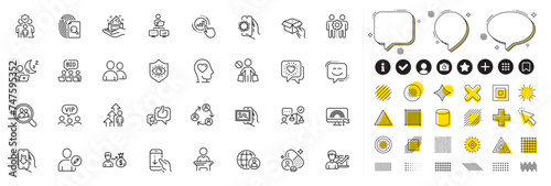 Set of Friends chat, Graph chart and Hold box line icons for web app. Design elements, Social media icons. Eye protection, Employees teamwork, Download app icons. Vector