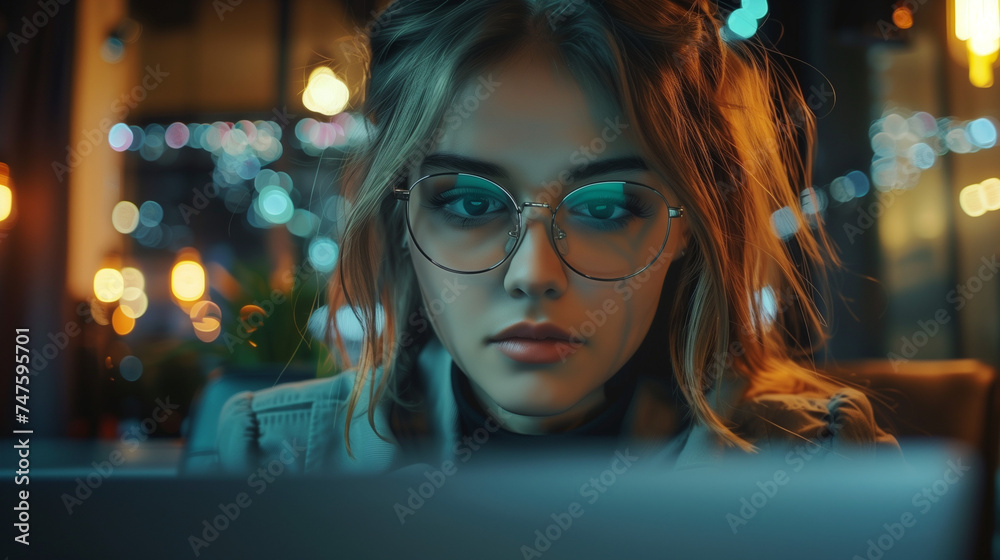 A serious clever focused girl in glasses looking at the laptop screen, working