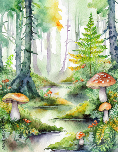 watercolor painting of a lush forest floor filled with colorful mushrooms