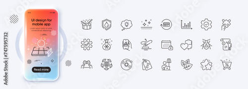 Clean skin, Star and Dot plot line icons for web app. Phone mockup gradient screen. Pack of Floor lamp, Software bug, Boat fishing pictogram icons. Vector