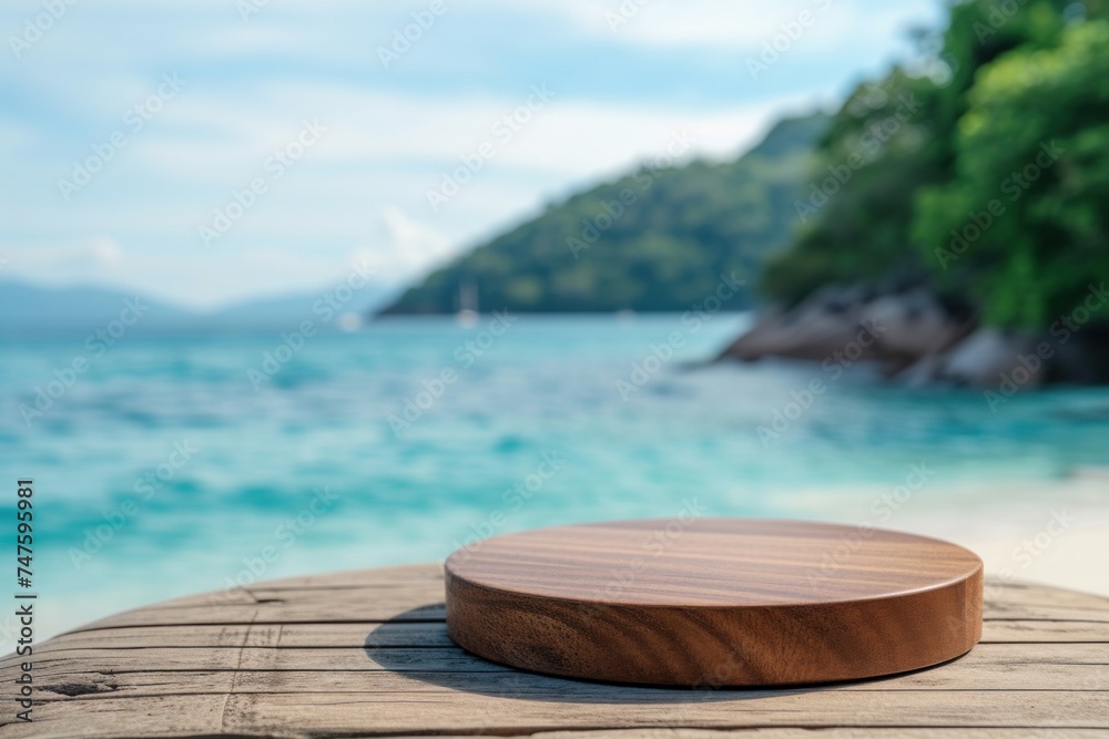 Obraz premium Close-up of Empty Round Wooden Podium with Smooth Surface on the White Sand Beach with View of Beautiful Tropical Ocean Bay Landscape Background For Product Display Showcase