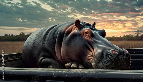funny hippo sitting in the back of a pick up truck 