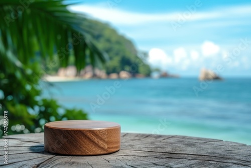 Close-up of Empty Round Wooden Podium with Smooth Surface with View of Beautiful Tropical Ocean Bay Landscape Background For Product Display Showcase