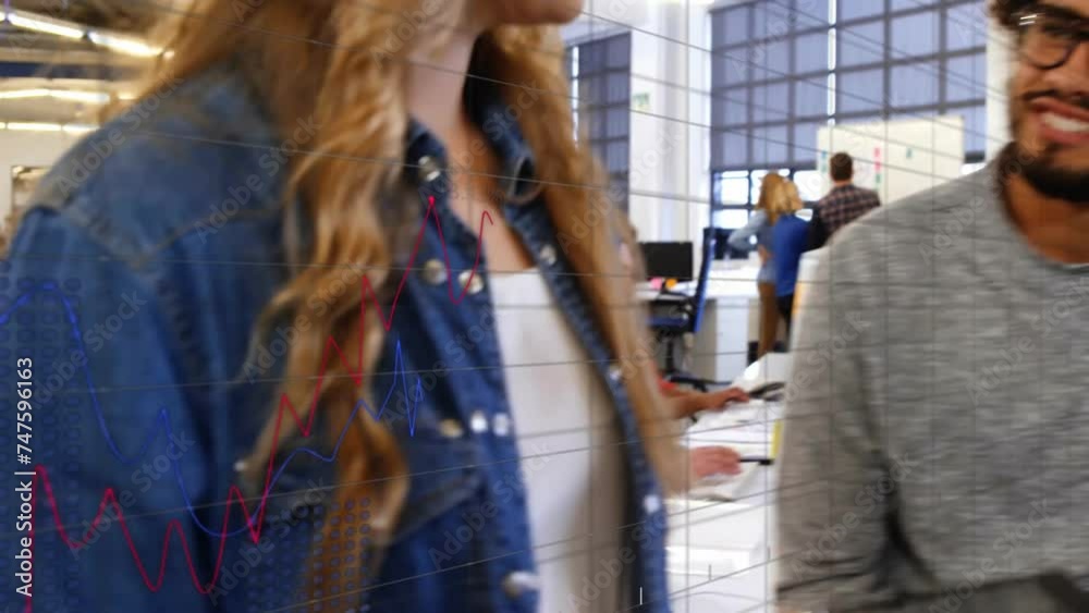 Animation of data processing and diagrams over diverse business people discussing work