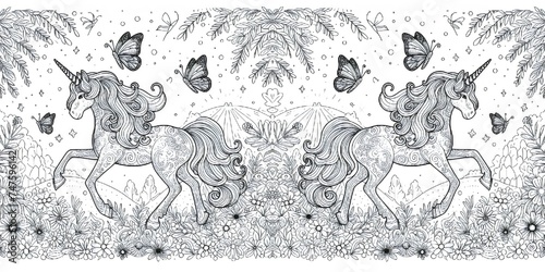 Beautiful black and white illustration for adult coloring book page with a cute unicorn in the forest.