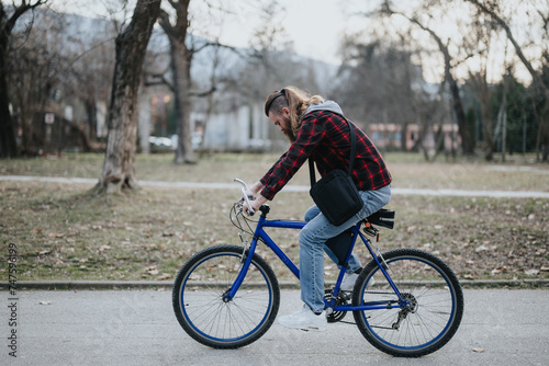 A man in a plaid shirt and jeans rides a blue bicycle along a park path, showcasing an active lifestyle.