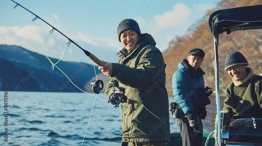  湖のボートで漁具を調整する幸せな日本人男性の友人GenerativeAI - obrazy, fototapety, plakaty 