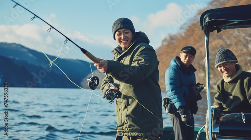  湖のボートで漁具を調整する幸せな日本人男性の友人GenerativeAI