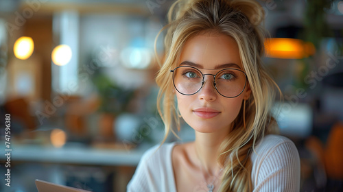 Smiling clever blonde girl with glasses at the laptop