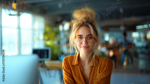 Smiling clever blonde girl with glasses at the laptop