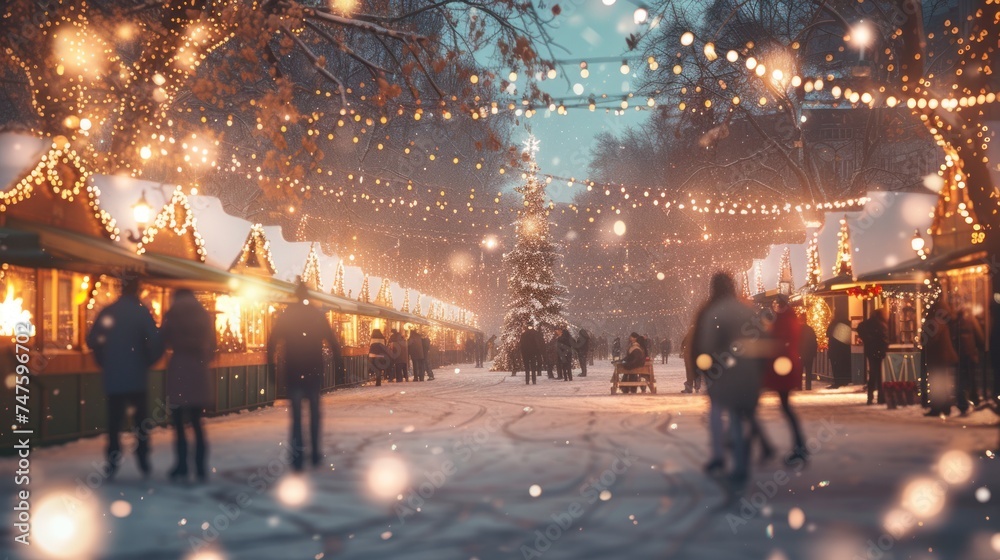 A charming winter carnival setting, with sparkling snowflakes, cozy bonfires, and joyful ice skaters