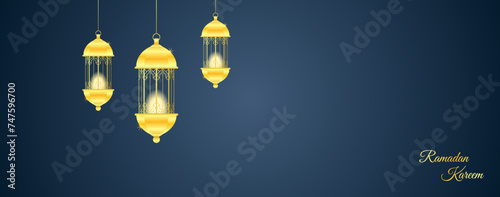 modern ramadan kareem on blue background with gold lantern. vector illustration photo