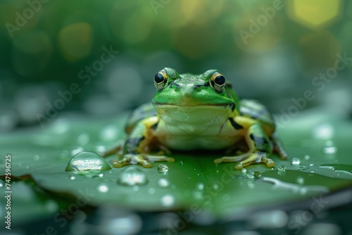 A small bright green frog sits on a water lily leaf in a forest pond