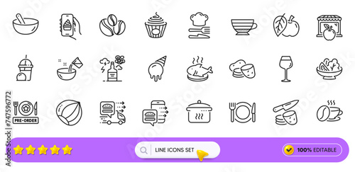 Alcohol addiction, Ice cream milkshake and Ice cream line icons for web app. Pack of Salad, Apple, Food pictogram icons. Cappuccino, Potato, Hazelnut signs. Fish dish, Coffee-berry beans. Vector