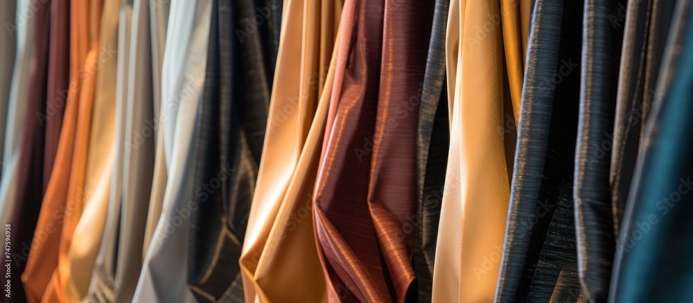 A close-up shot showcasing a row of various colored ties hanging neatly on a wall. Each tie displays a unique color, adding a pop of brightness to the interior decor.