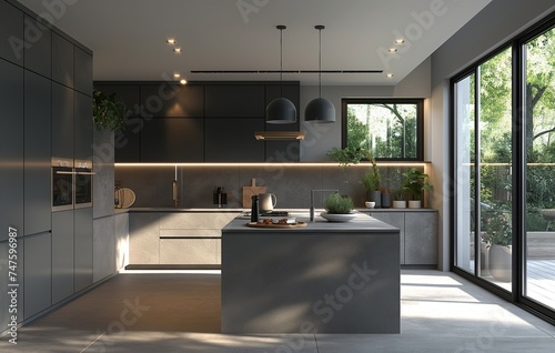 design a modern, spacious kitchen with a light grey colors scheme and sleek, minimalist features.