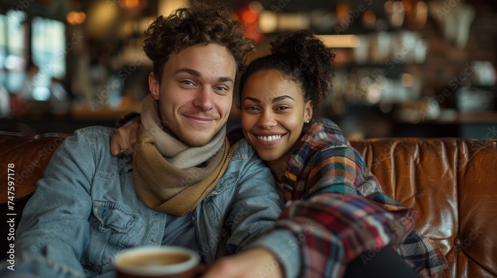 A young beautiful couple is sitting on a sofa in a classic coffee shop in the center of city A young beautiful couple is sitting on a sofa in a classic coffee shop in the center of city