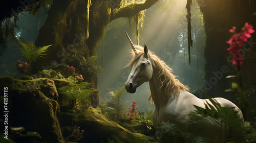 White unicorn in the forest