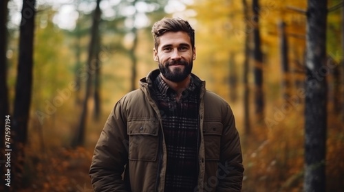 A man in a plaid shirt and dark brown jacket stands in the forest and looks at the camera with large copyspace area
