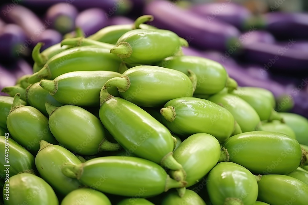 A close-up of vibrant green eggplants stacked at a market display, with purple eggplants in the background. Heap of Fresh Green Eggplants A close-up of vibrant green eggplants stacked at a market display, with purple eggplants in the background. Heap of Fresh Green Eggplants
