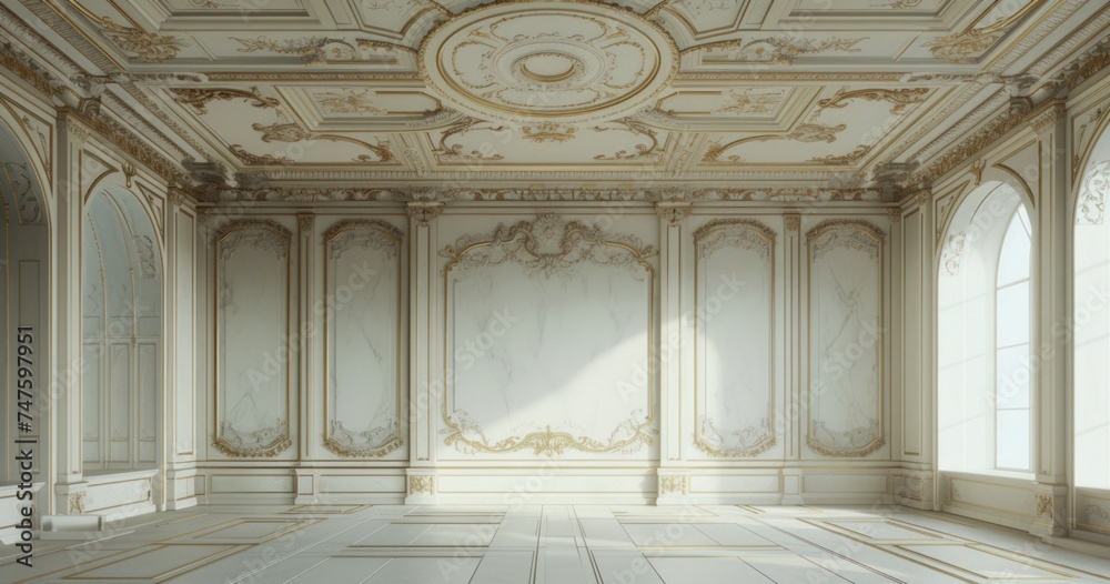 Obraz premium an empty room with white walls and gold ceilings
