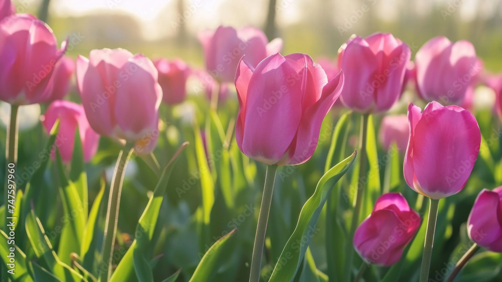 Sunlit, vibrant red tulips symbolizing the onset of spring