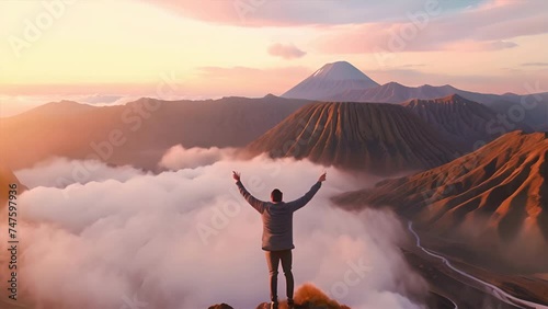 a man tourist is standing with both hands raised .on top of a mountain,Bromo volcano,generative ai photo