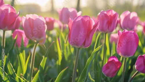 Sunlit  vibrant red tulips symbolizing the onset of spring