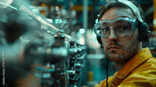 Um técnico examinando com cuidado uma máquina complexa em uma fábrica com equipamentos industriais e trabalhadores ao fundo © Alexandre