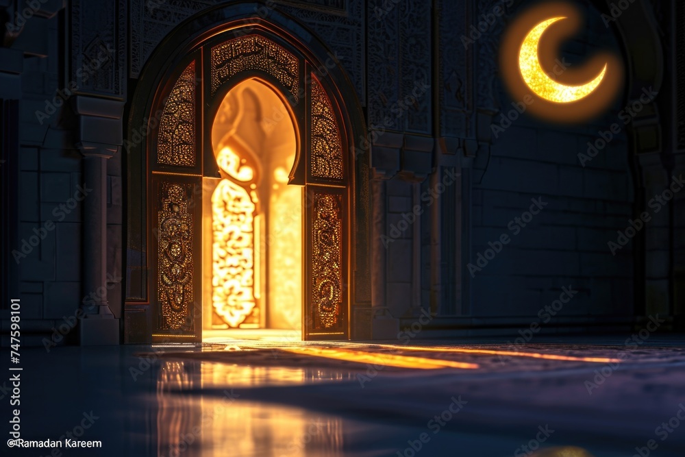 The picture of ornamental doors aglow evokes the spiritual significance and inclusivity of Ramadan