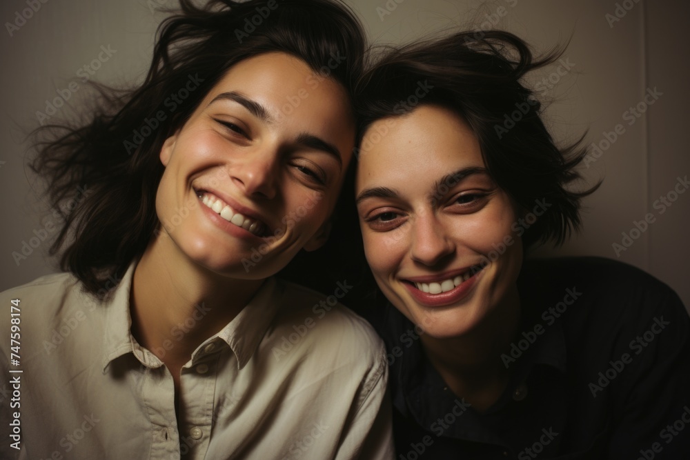 Twin smiles radiate joy in a close and personal portrait. Twin smiles radiate joy in a close and personal portrait.