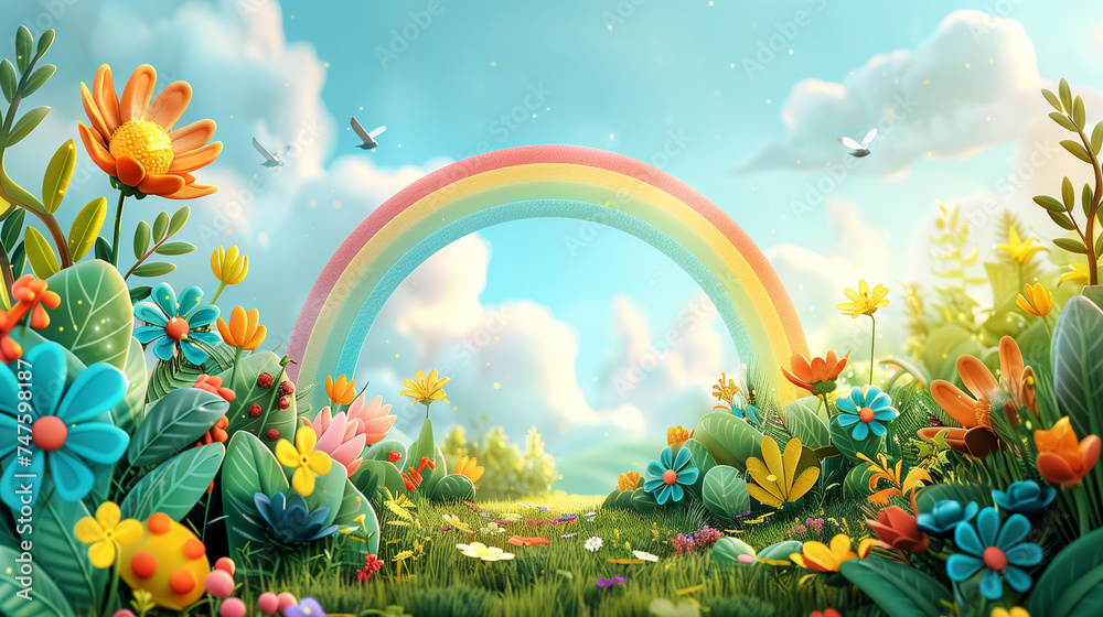 Enchanted garden with vibrant rainbow