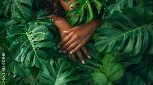 Tropical secret: woman hidden among monstera leaves