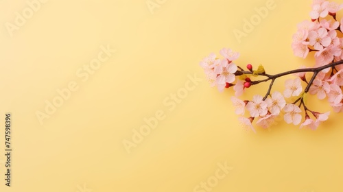 A stunning cherry blossom branch adorns the left side of a minimalist light pink background, leaving ample space for text.