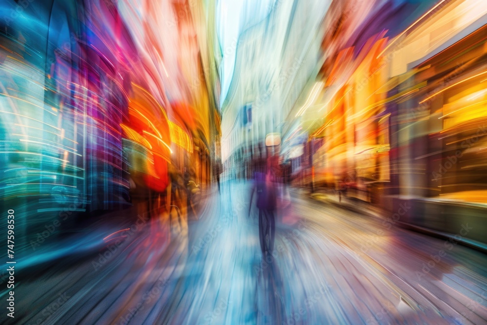 A bustling street filled with blurred figures in motion - people walking in different directions at varying paces, creating a sense of energy and dynamism