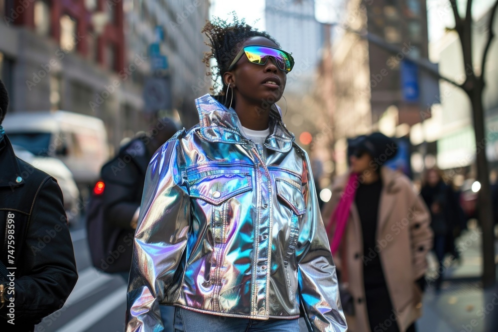 A stylish woman is clad in a shiny jacket and trendy sunglasses, exuding confidence and attitude as she navigates the urban streets with flair A stylish woman is clad in a shiny jacket and trendy sunglasses, exuding confidence and attitude as she navigates the urban streets with flair