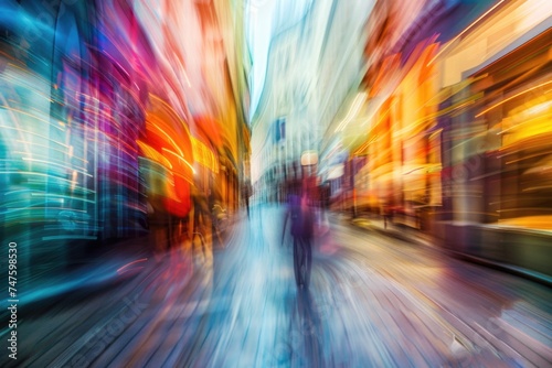 A bustling street filled with blurred figures in motion - people walking in different directions at varying paces, creating a sense of energy and dynamism